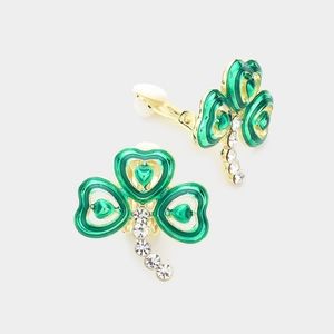 Green Gold Clip On Three Leaf Clover Charm Stud Earrings Shamrock St Patricks